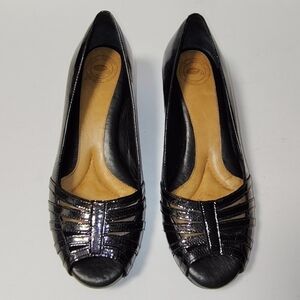 Nurture Falcon Women's Black Leather Slip-on Peep-Toe Wedge Comfort Shoes Size 6